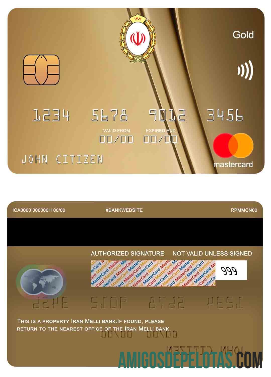 Irã Melli Bank Mastercard Gold exemplo real